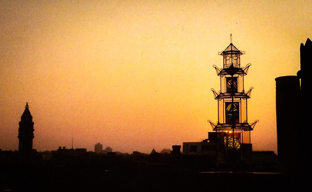 long distance shot against evening sky of pagoda shaped terrrium.