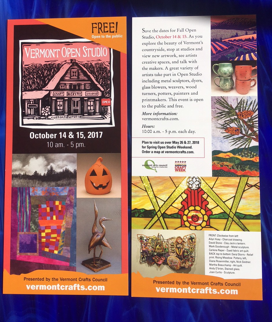 Advertising flyer for Vermont Crafts Council Open Studio,  featuring one of Andy's windows, "Showtime."
